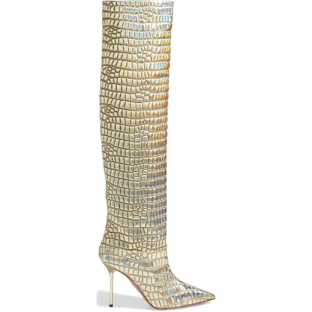 New AQUAZZURA Boreal Metallic Croc-Embossed Over-The-Knee Boots $1250 Size 7 37